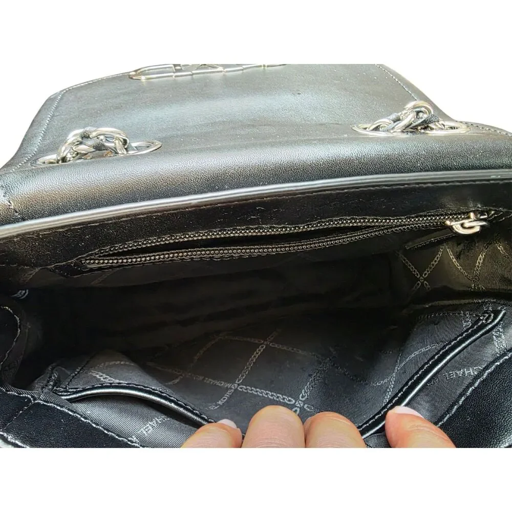 Michael Kors Parker Convertible Chain Shoulder Bag Black Leather Silver